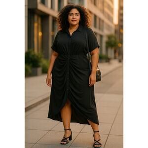 Haute Fox 3X Black Button Front Midi Dress Ruched Draped Hem Collared Plus Size